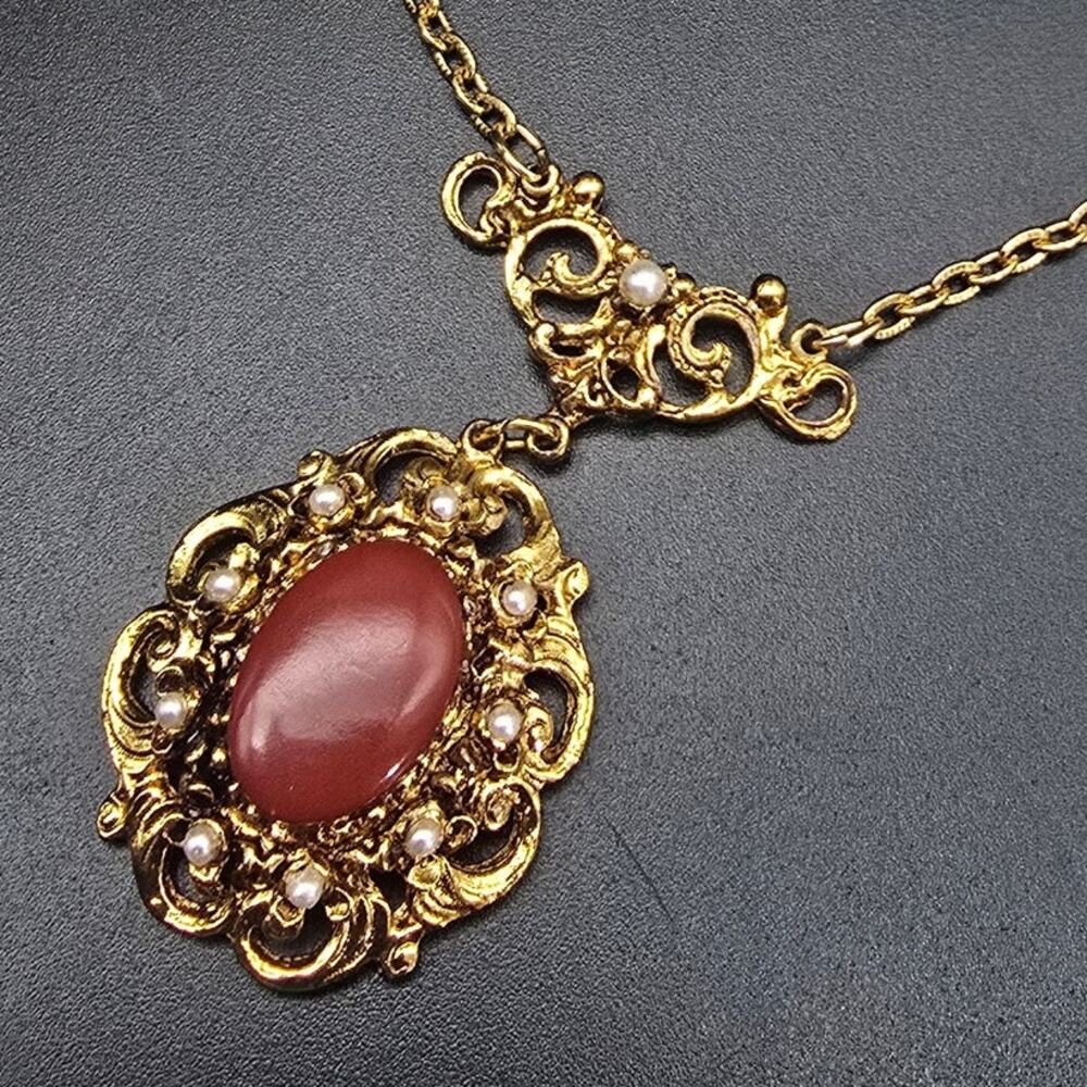 Gold Tone Filigree Pendant Necklace Faux Red Carnelian Victorian Revival Vintage